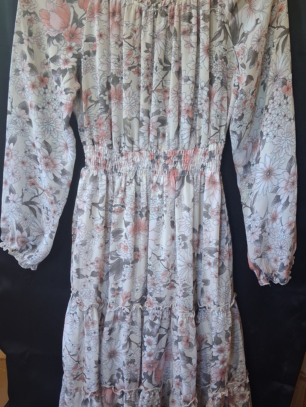 Enfocus Studio Floral Tiered Smocked Waist Dress in Pink & Gray